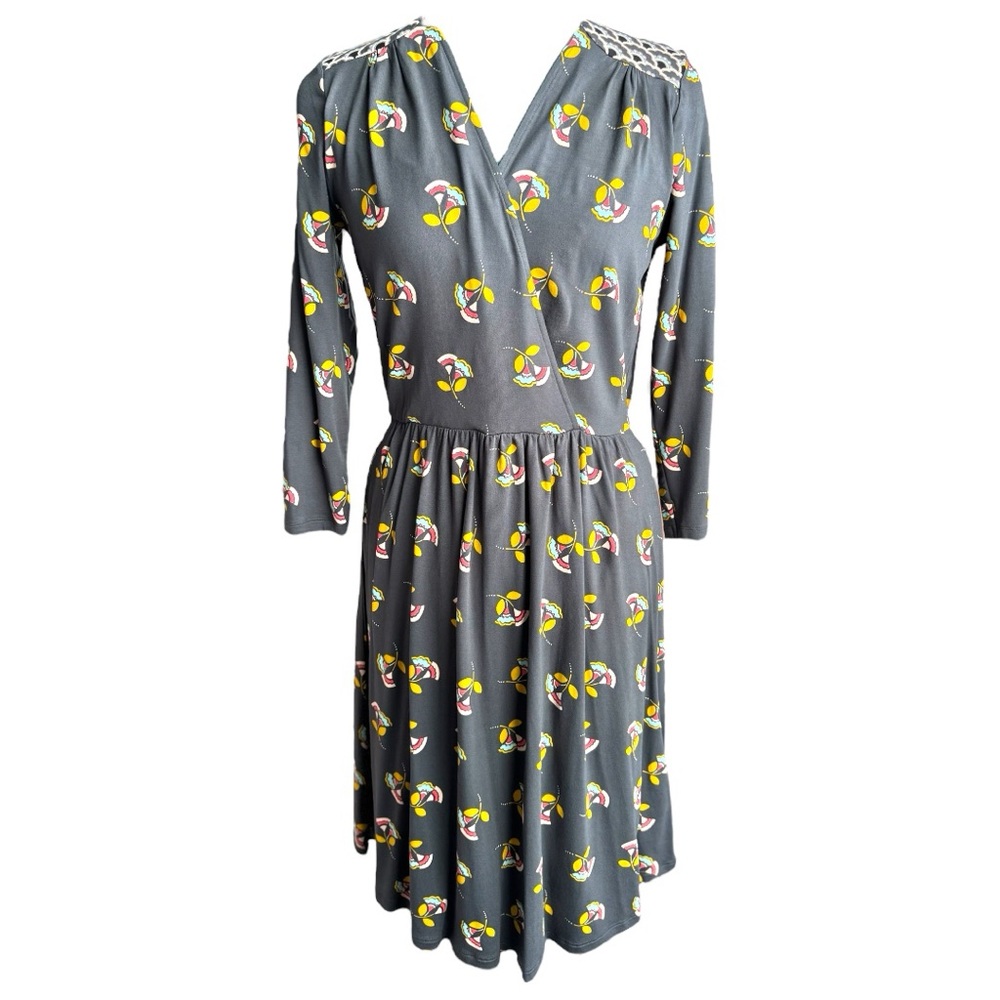 NWOT Boden Gray and Yellow Midi Sundress with Long Sleeves and V-Neck